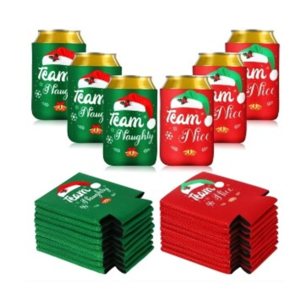Set of 6 Pcs Christmas Neoprene Insulated  Can Sleeves. Team Naughty, Team Nice